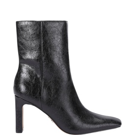 Steve Madden black crinkled leather ankle boot with pointed toe, stiletto heel, and side zip fastening