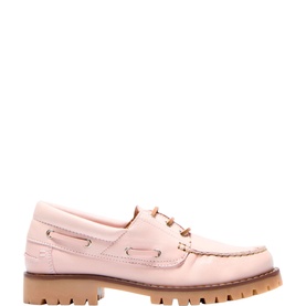 Pale pink leather boat shoe with gold lace hardware, moc-toe stitching, and chunky tan lug sole, side profile view