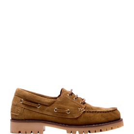 Tan suede boat shoe with lace-up front, moccasin toe stitching, and chunky light brown lug sole