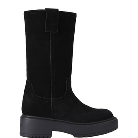 Steve Madden black suede mid-calf boots with contrast stitching, pull-on style, and chunky black platform sole