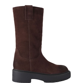 Steve Madden brown suede mid-calf boots with pull-tab, chunky black rubber sole, clean product shot on white background