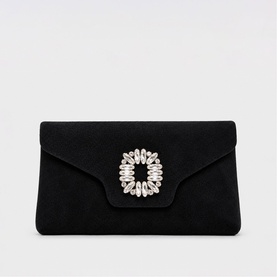 Phase Eight black suede clutch bag with gold-toned crystal embellished buckle detail on envelope flap closure