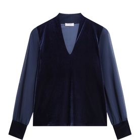 Hobbs Rich Navy Blue velvet top with V-neckline, sheer long sleeves and velvet cuffs