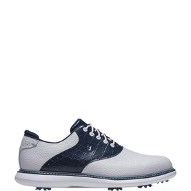 Footjoy men's golf shoe in white and navy blue leather with saddle detail, white laces, and spiked sole