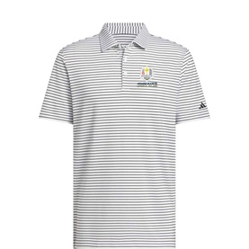 Adidas Golf white and black stripe polo shirt with embroidered chest badge and three-button placket