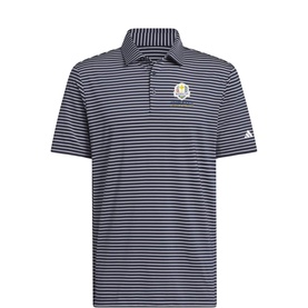 Adidas Golf polo shirt in Collegiate Navy White with fine stripes, Ryder Cup emblem on chest, three-button placket