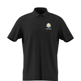 Adidas Golf Carbon Black polo shirt with tonal stripe texture and embroidered Ryder Cup badge on chest