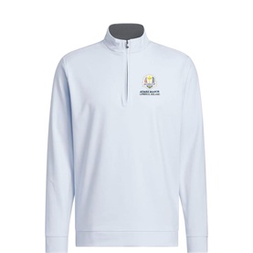 Adidas Golf Crystal Sky quarter-zip sweatshirt with Ryder Cup embroidered badge on chest and grey inner collar