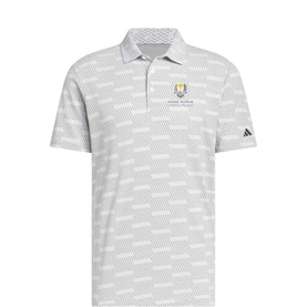 Adidas Golf white polo shirt with tonal geometric print pattern, Ryder Cup badge, three-button placket, and Adidas logo tab
