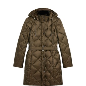 Hobbs olive green quilted duvet coat with detachable hood, belted waist, and silver-tone zip fastening