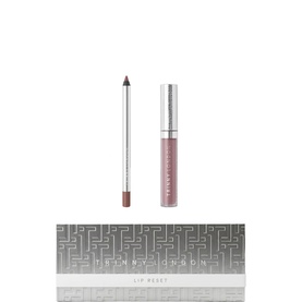Trinny London The Lip Reset Kit with lip liner pencil, lip gloss, and branded silver gift box in mauve-nude shades