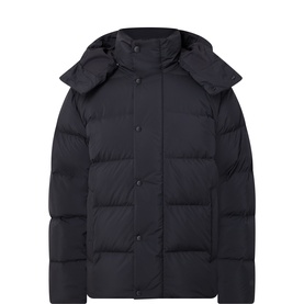 Lululemon black men's down jacket with detachable hood, snap-button front, and quilted panels