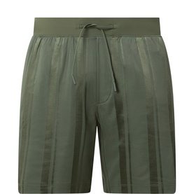 Lululemon shorts in Sassy Sage with tonal stripe detail, elasticated waistband with drawstring and side pocket.