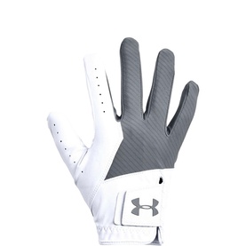 Under Armour grey golf glove, white palm with perforated knuckles and branded logo patch, small size