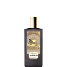 Memo Fragrances African Leather Eau de Parfum in dark glass bottle with gold cap and leaping cheetah illustration