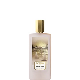 Memo Fragrances Sailing Point Eau de Parfum in a frosted pink bottle with gold cap and nautical cityscape label