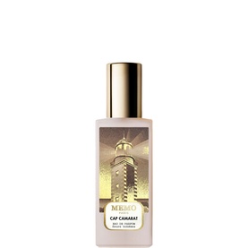 Memo Fragrances Cap Camarat EDP in a pale blush glass bottle with gold cap and illustrated tower design