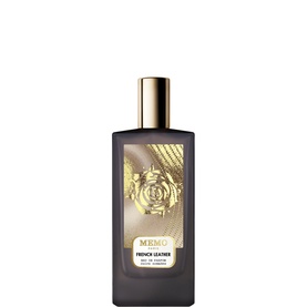 Memo Fragrances French Leather EDP in dark grey bottle with gold rose embossed label and gold cap