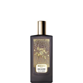 Memo Fragrances Irish Leather EDP in dark flacon with gold floral embossed detail and gold cap, eau de parfum bottle