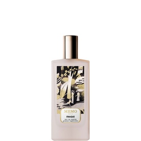 Memo Fragrances Inaque Eau de Parfum in a frosted glass bottle with black and gold botanical print label and gold cap.