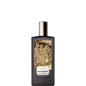 Memo Fragrances Palais Bourbon EDP in dark glass bottle with gold embossed figurative relief panel and rose gold cap