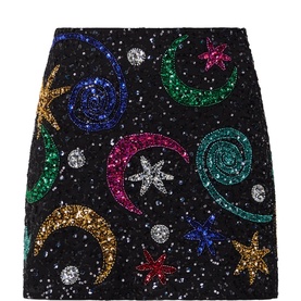 Rixo London Starry Moon Embellished Black mini skirt with multicolour sequin moons, stars and swirl motifs on black ground