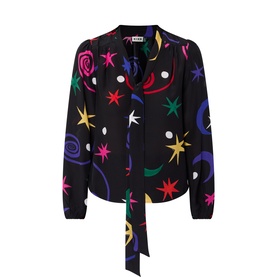 Rixo London Cosmos Stars Black silk blouse with tie neck, long sleeves, and multicolour star and swirl print