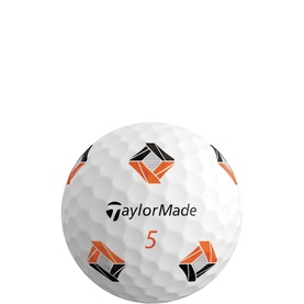 TaylorMade white golf ball with orange and black geometric speed logo pattern, numbered 5