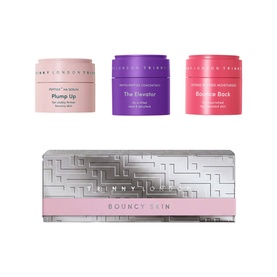 Trinny London The Bouncy Skin Set, three face cream pots in pink, purple and red with silver gift box