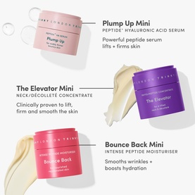 Trinny London The Bouncy Skin Set featuring three mini skincare pots: Plump Up serum, The Elevator concentrate, and Bounce Back moisturiser