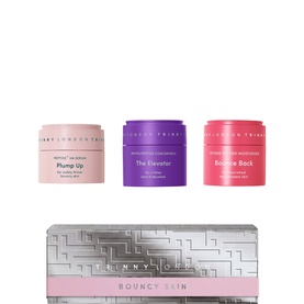 Trinny London The Bouncy Skin Set, three face cream pots in pink, purple and red with silver gift box