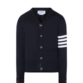Thom Browne navy wool cardigan with signature white 4-bar stripe on left sleeve and grey button fastening