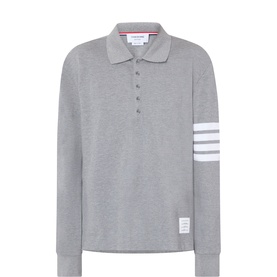 Thom Browne med grey cotton long-sleeve polo shirt with 4-bar white stripe detail on left sleeve and button placket