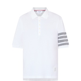 Thom Browne white cotton polo shirt with grey 4-bar stripe detail on left sleeve and signature tab logo patch