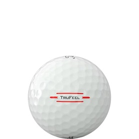 Titleist TruFeel golf ball in white with red TruFeel logo, showing dimpled surface texture