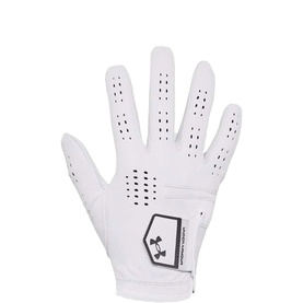 Under Armour white golf glove, perforated palm, adjustable wrist strap, black logo detail, small size