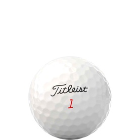 Titleist golf ball in white with dimpled surface, black brand logo and red number 1 marking