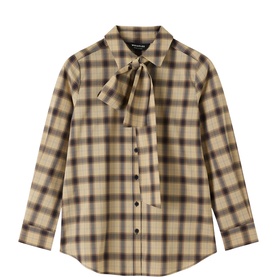 Whistles brown plaid check shirt with pussy bow tie neck and button front, long sleeves with buttoned cuffs