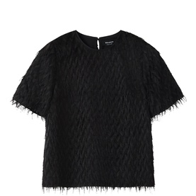 Whistles black textured fringe-trim short-sleeve top with crew neck and keyhole back detail