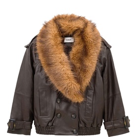 Bash brown faux leather double-breasted jacket with oversized tan faux fur collar and elasticated cuffs