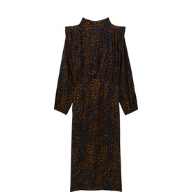 Bash blue long-sleeve midi dress with high neck, cold-shoulder cut-outs, and all-over speckled print