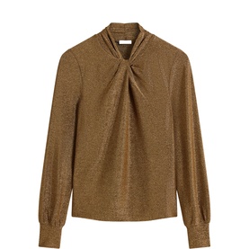 Hobbs gold metallic long-sleeve blouse with twisted neckline and gathered front detail