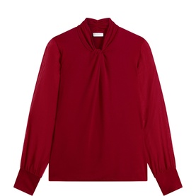 Hobbs Claret Pink long-sleeve blouse with twist neckline detail and semi-sheer sleeves