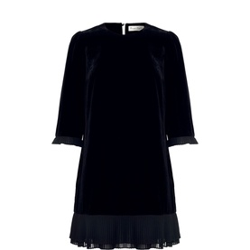 Phase Eight black velvet mini dress with three-quarter sleeves, lace cuff trim, and pleated hem detail, shown flat.