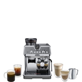 DeLonghi La Specialista Arte Evo Bean-to-Cup Coffee Machine in silver, shown with various coffee drinks and milk jug
