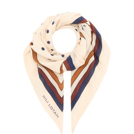 Nili Lotan silk scarf in Vintage Polka Dot, cream with navy polka dots and navy, brown, white stripe border, styled flat in diamond shape.