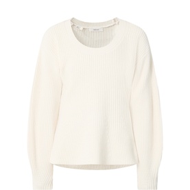 Selected Femme egret ribbed knit jumper with round neck, balloon sleeves, and subtle neckline detail in wool-cotton blend