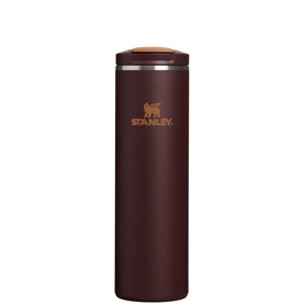 Stanley mug in coffee brown with cork lid detail and engraved bear logo, stainless steel construction
