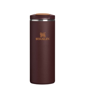 Stanley Travel Mug in Coffee brown with cork lid detail and engraved bear logo, stainless steel construction