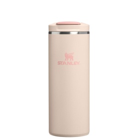 Stanley travel mug in champagne, stainless steel body with silver rim and pink push-button lid